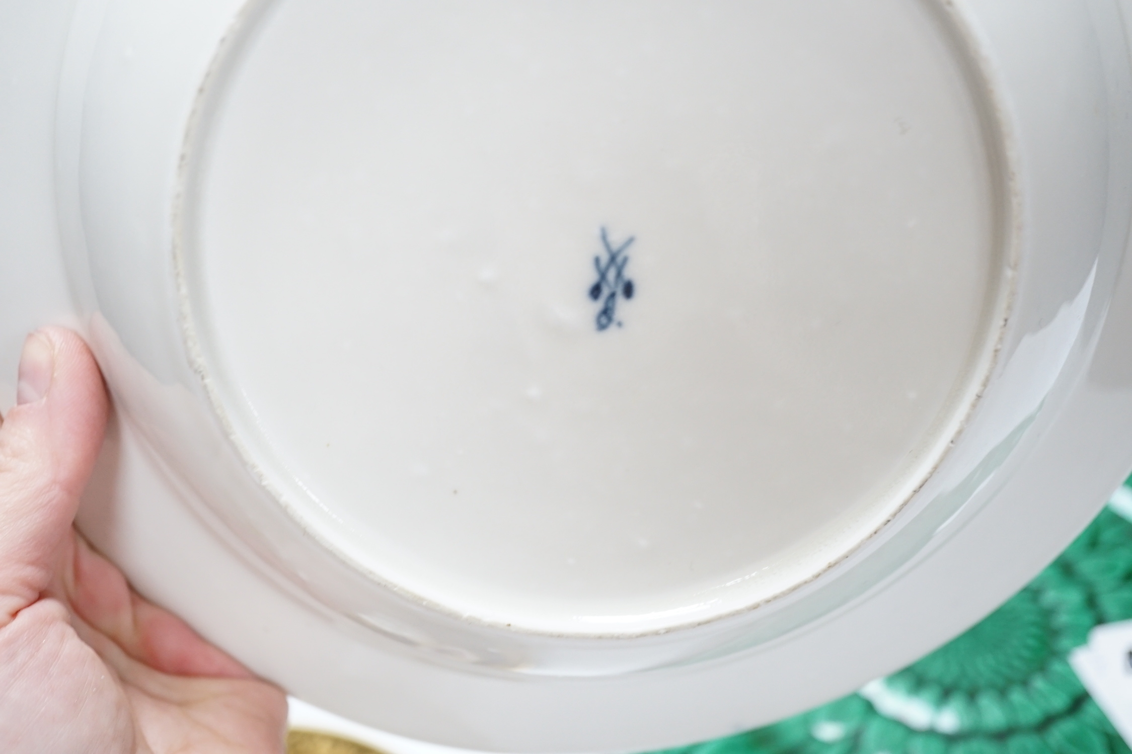 Four Victorian greenware plates, two Spode style vases, a pair of saucers and a blue and white plate
